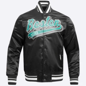 Boston celtics script tail black satin varsity jacket 2