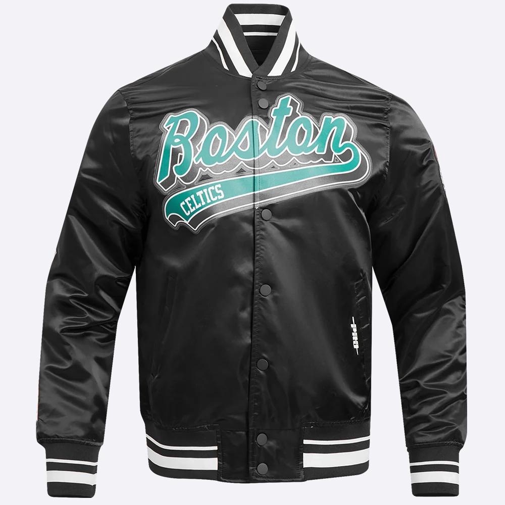 Boston celtics script tail black satin varsity jacket 2
