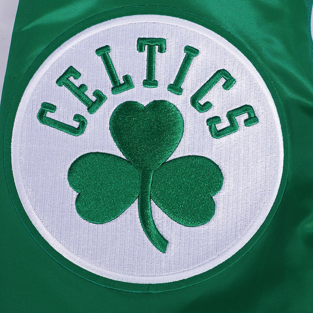 Boston celtics script tail full snap satin varsity jacket green 1