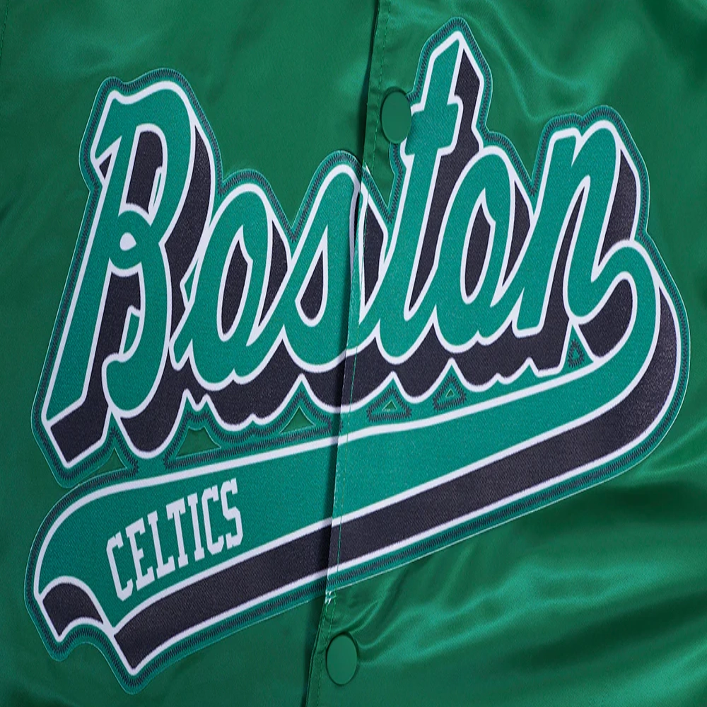 Boston celtics script tail full snap satin varsity jacket green 2