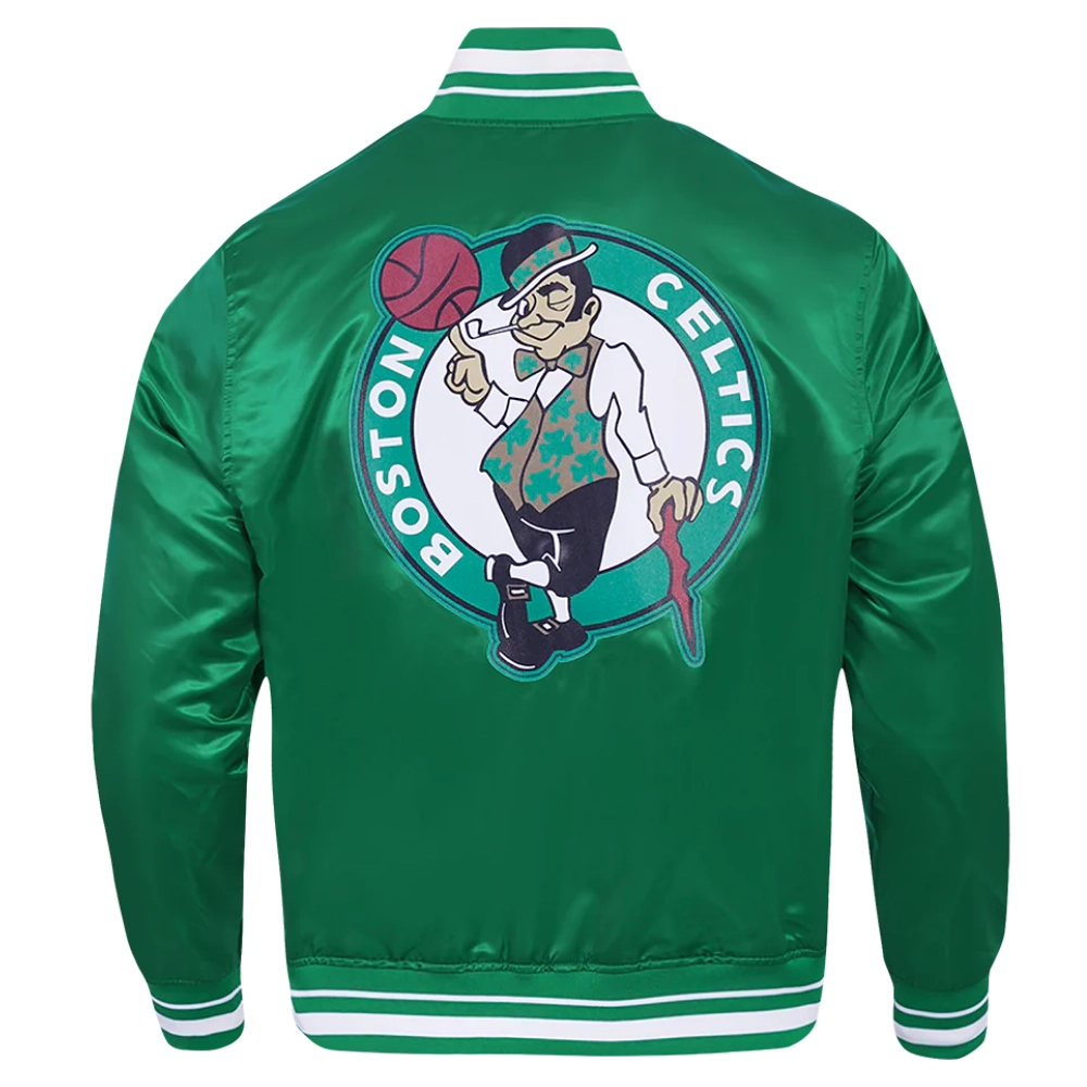 Boston celtics script tail full snap satin varsity jacket green 3