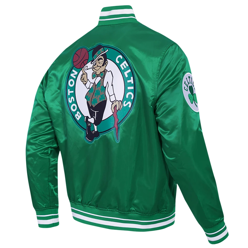 Boston celtics script tail full snap satin varsity jacket green 4