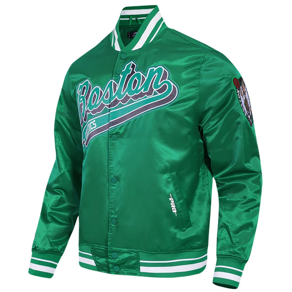 Boston celtics script tail full snap satin varsity jacket green 5