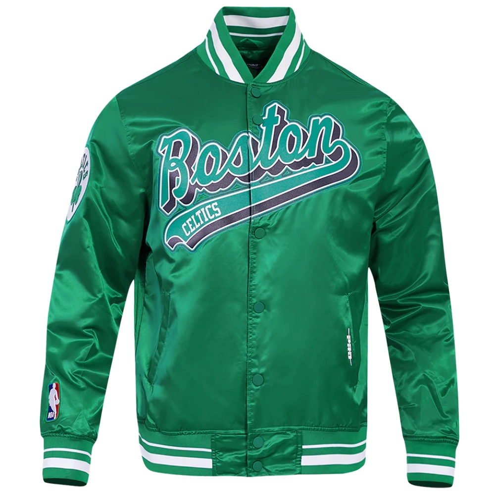 Boston celtics script tail full snap satin varsity jacket green 6