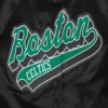 Boston celtics script tail womens full snap satin varsity jacket black 1