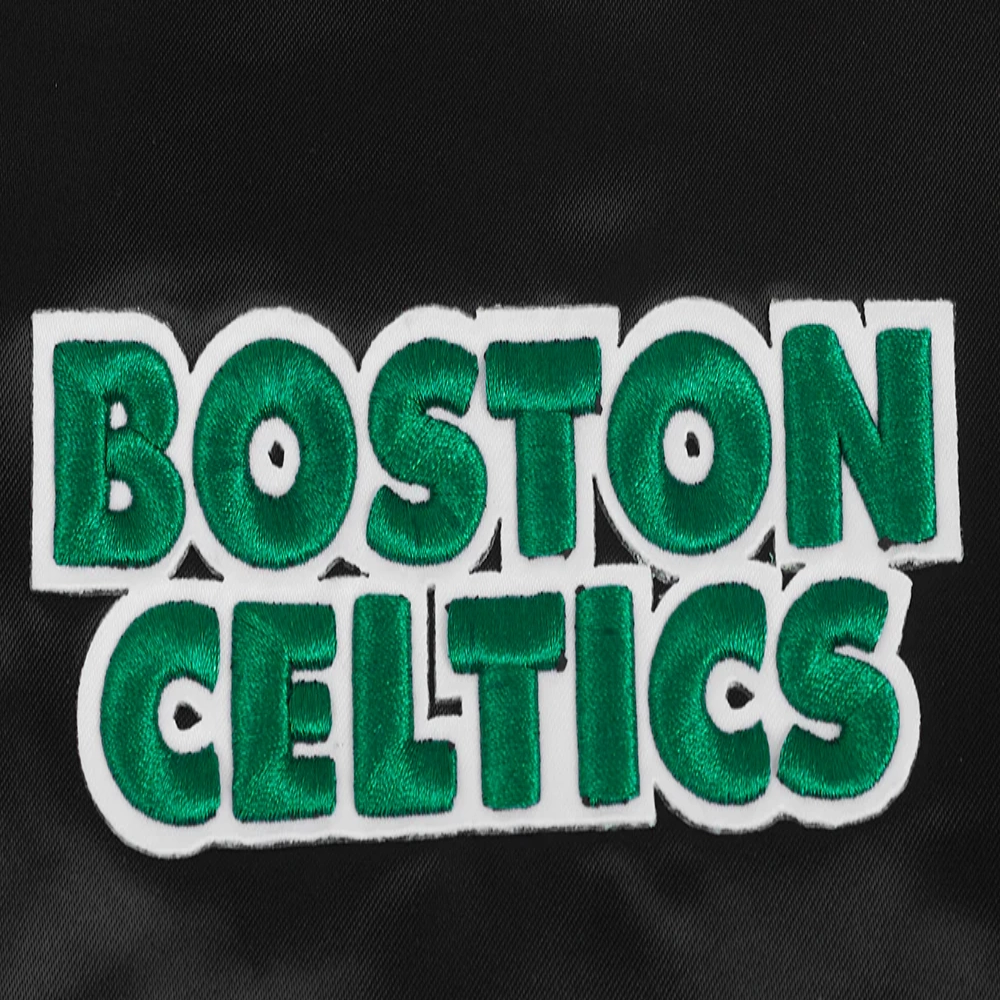 Boston celtics script tail womens full snap satin varsity jacket black 2