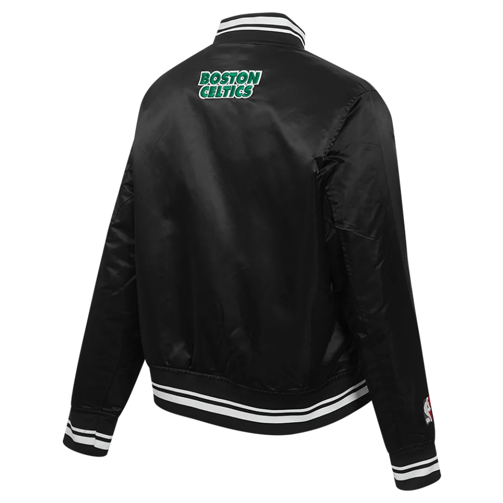 Boston celtics script tail womens full snap satin varsity jacket black 3