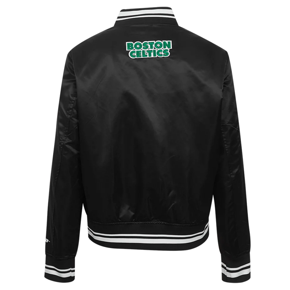 Boston celtics script tail womens full snap satin varsity jacket black 4