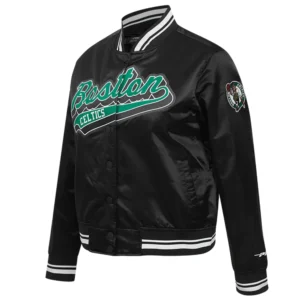 Boston celtics script tail womens full snap satin varsity jacket black 5