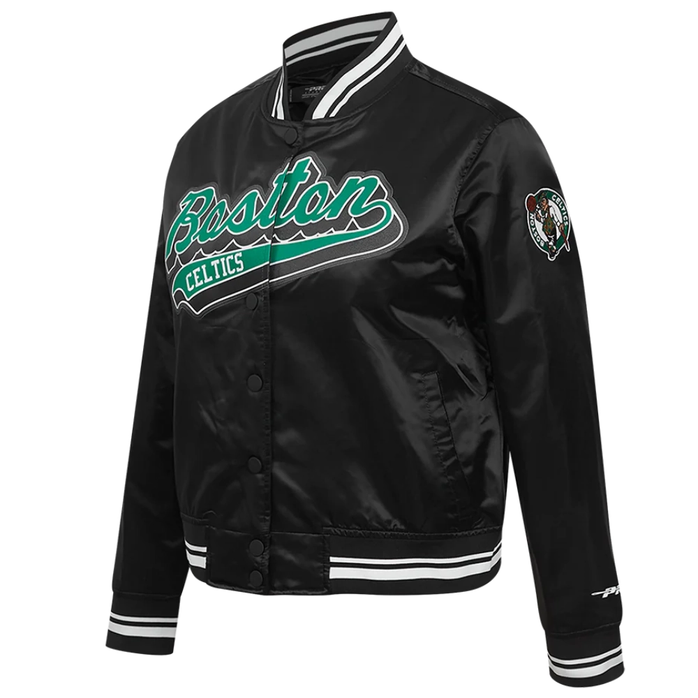 Boston celtics script tail womens full snap satin varsity jacket black 5