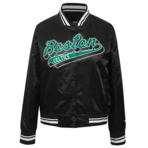 Boston celtics script tail womens full snap satin varsity jacket black 6