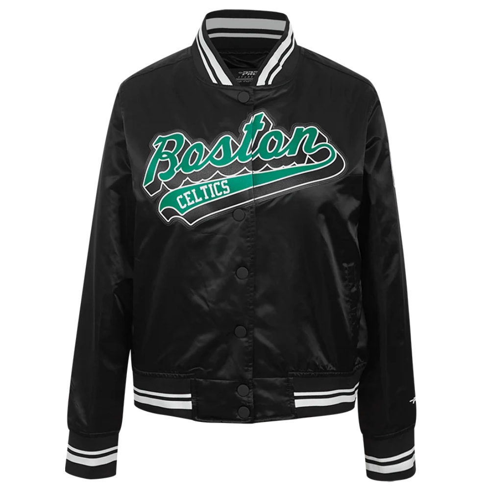 Boston celtics script tail womens full snap satin varsity jacket black 6