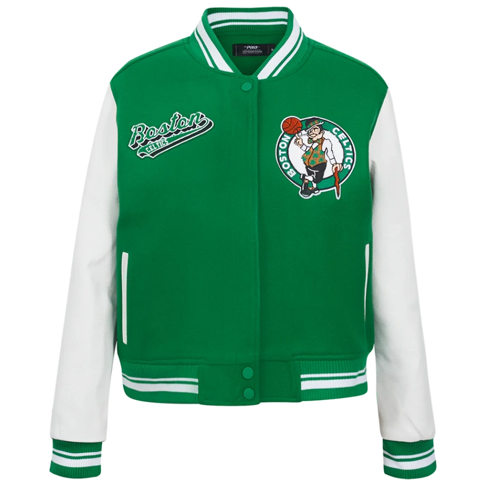 Boston celtics script tail womens wool leather varsity jacket green white 6