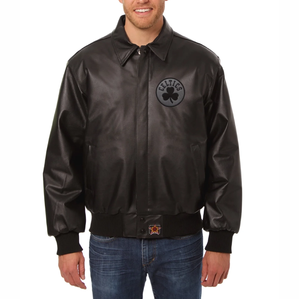 Boston celtics tonal full leather bomber jacket black 1