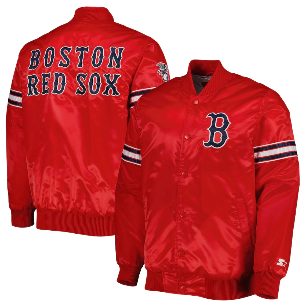 Boston red sox pick roll full snap satin varsity jacket red 3