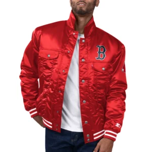 Boston red sox silver tab satin trucker varsity jacket red 1