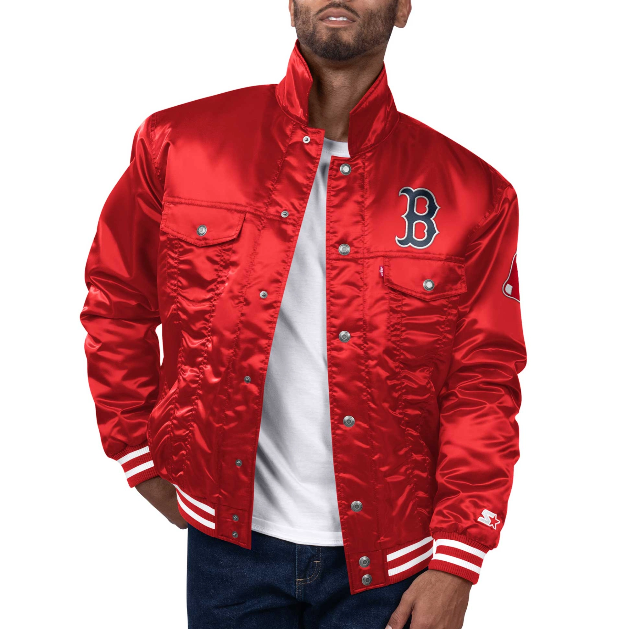 Boston red sox silver tab satin trucker varsity jacket red 1