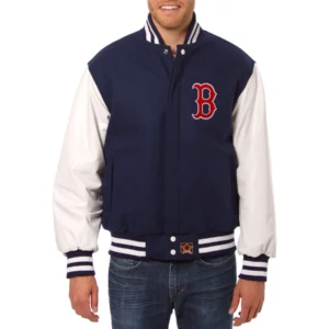 Boston red sox two tone real wool leather varsity jacket navywhite 1