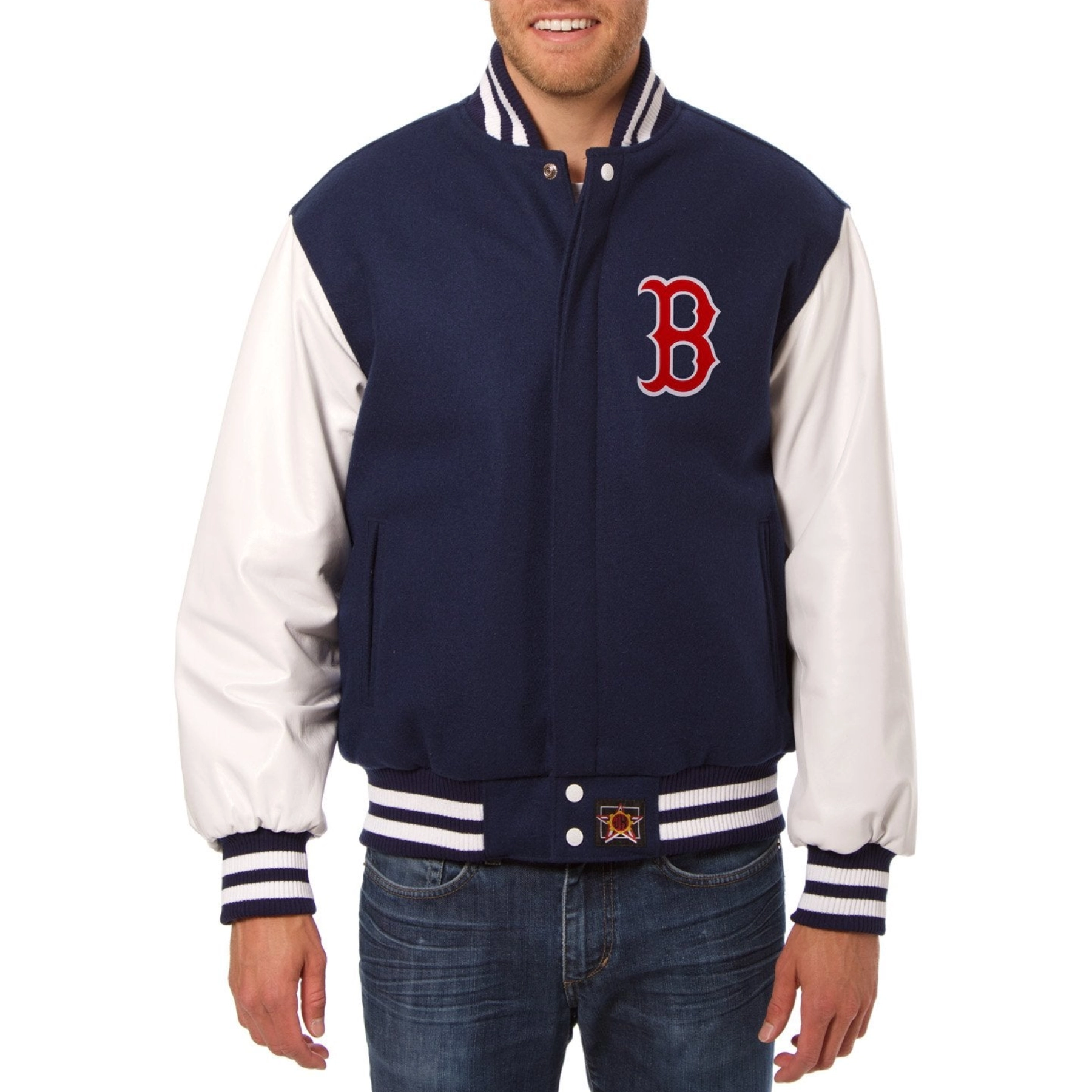Boston red sox two tone real wool leather varsity jacket navywhite 1
