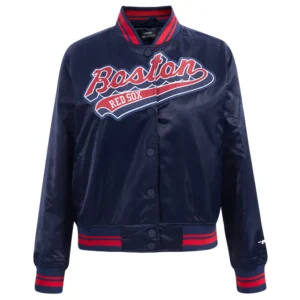 Boston red sox womens script tail full snap satin varsity jacket navy 1 1
