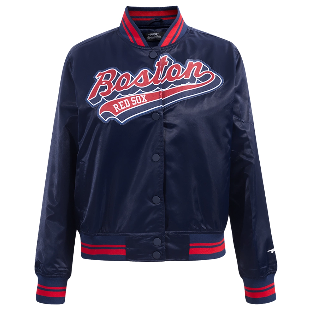Boston red sox womens script tail full snap satin varsity jacket navy 1 1