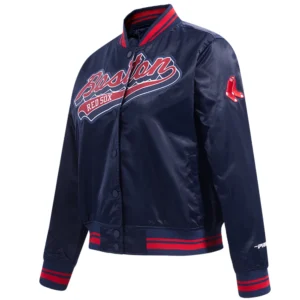 Boston red sox womens script tail full snap satin varsity jacket navy 7 1