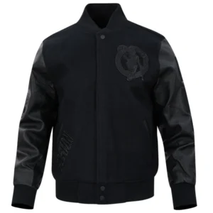 Boston triple black mens wool leather varsity jacket