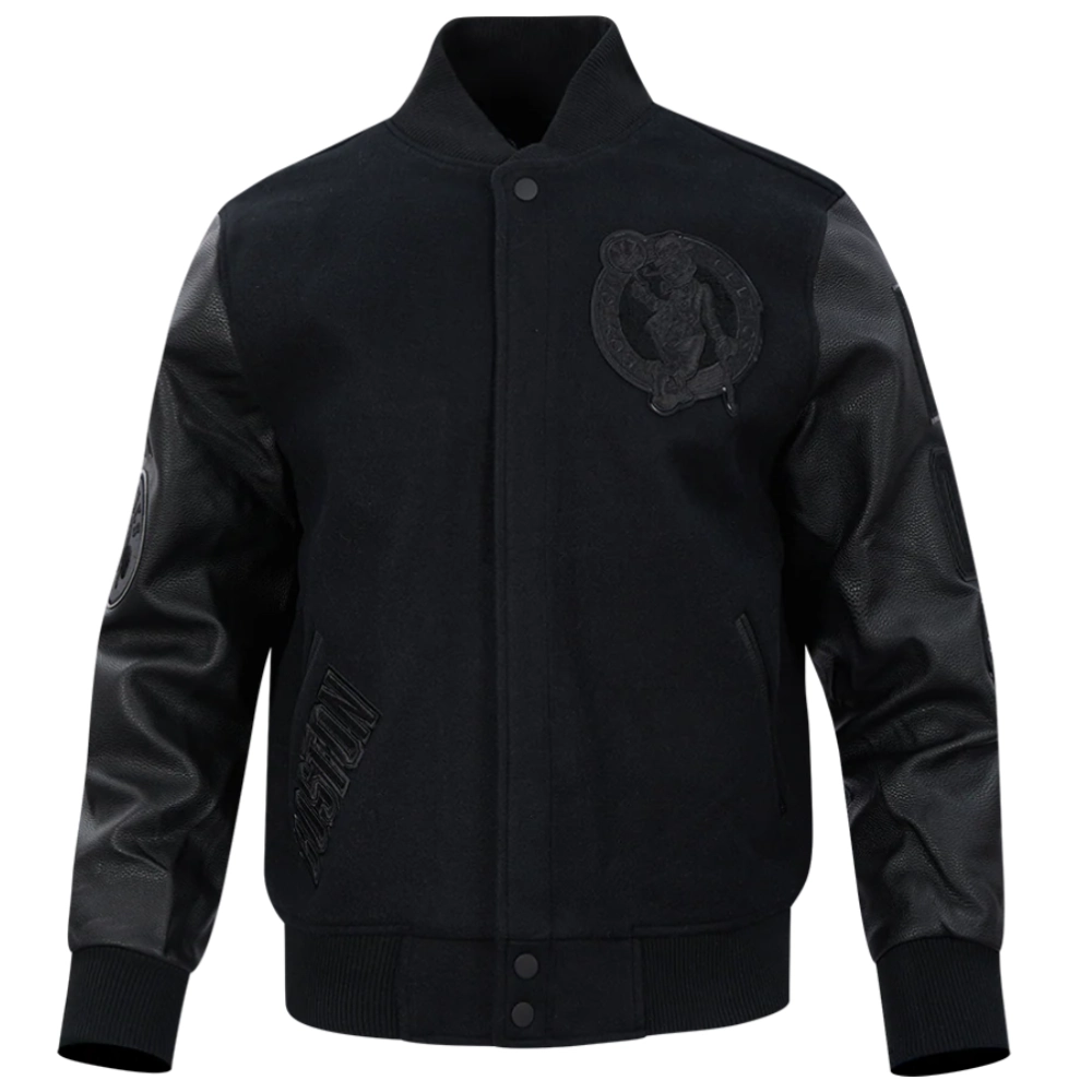 Boston triple black mens wool leather varsity jacket