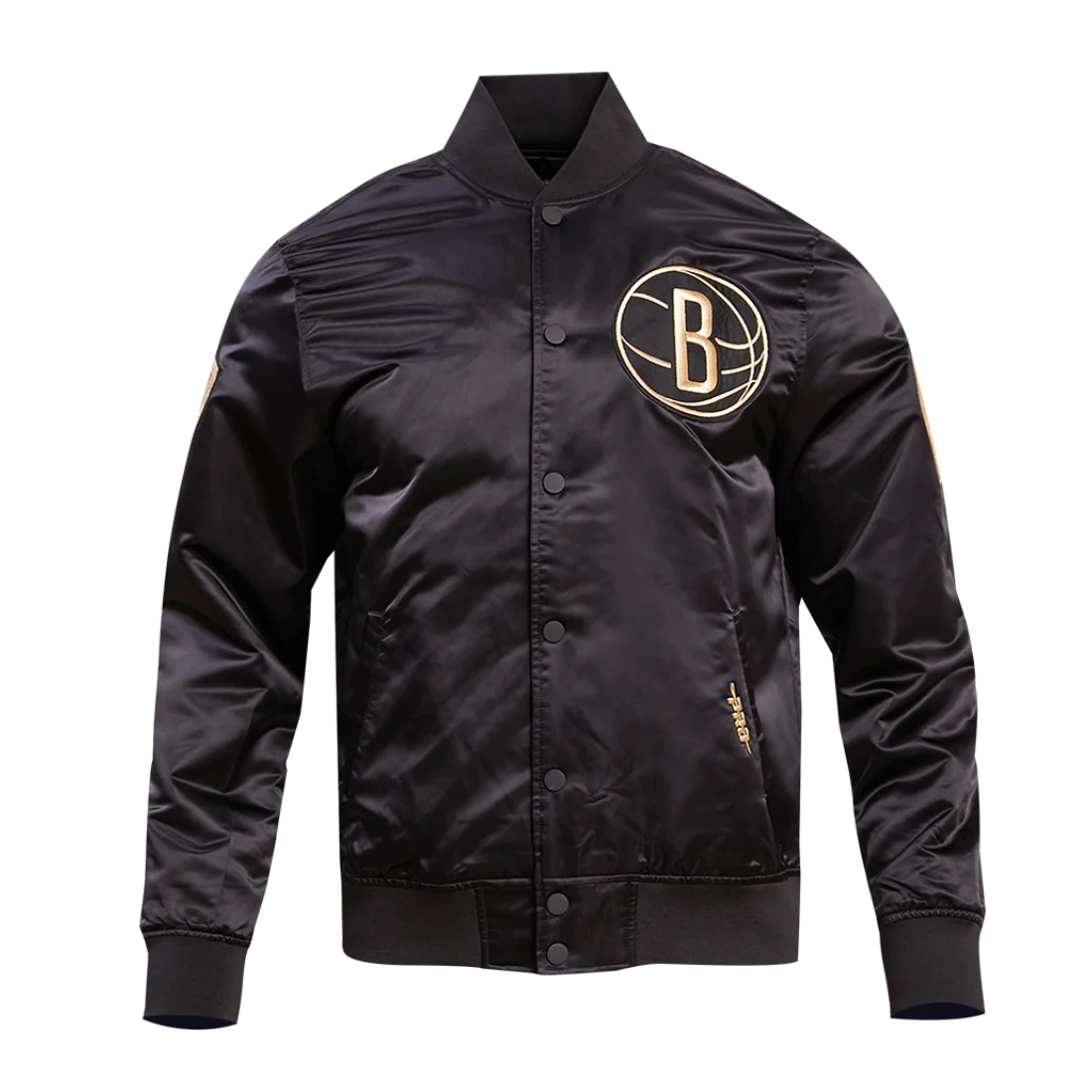 Brooklyn nets black gold full snap satin varsity jacket black 1