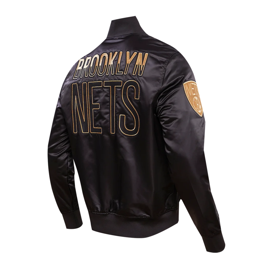 Brooklyn nets black gold full snap satin varsity jacket black 3