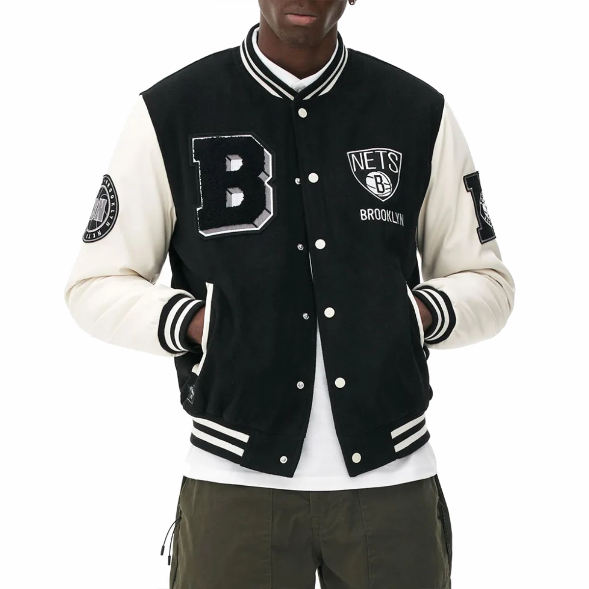 Brooklyn nets black off white wool and leather jacket