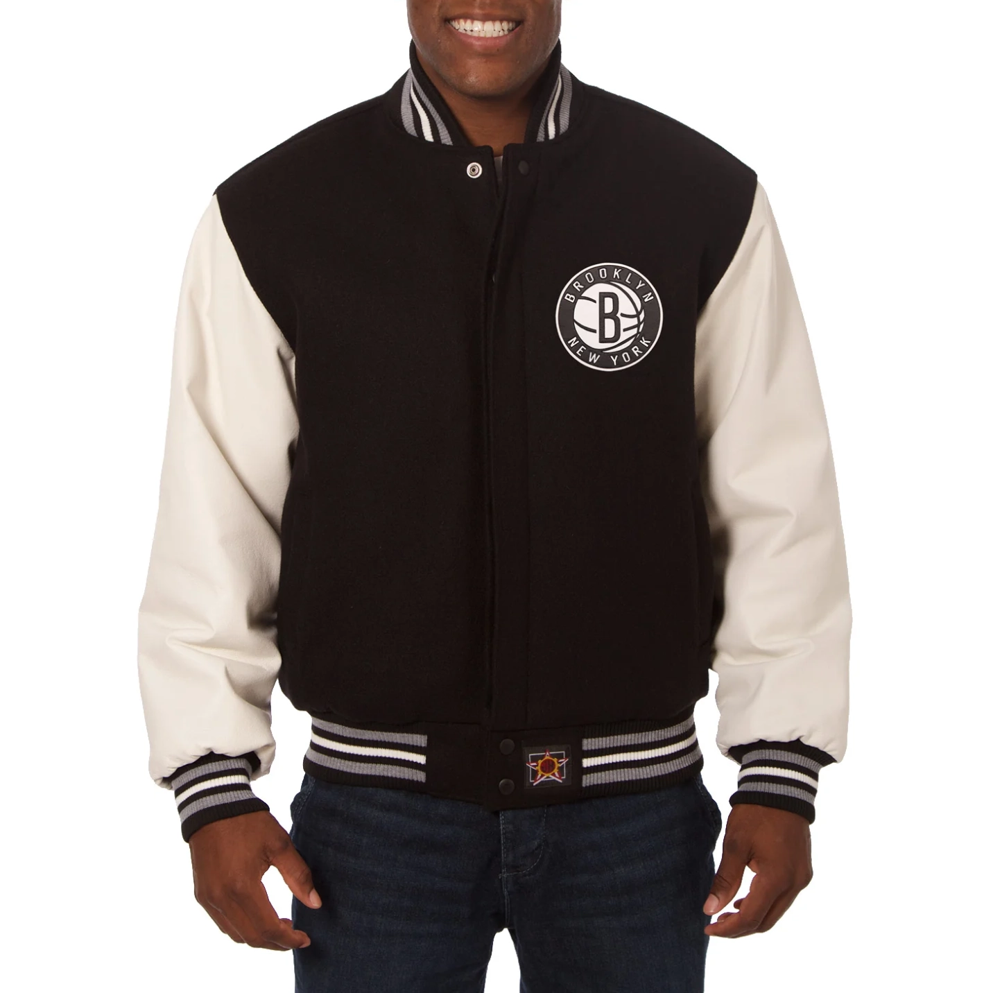Brooklyn nets domestic two tone wool and leather jacket black white 1