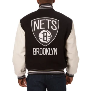 Brooklyn nets domestic two tone wool and leather jacket black white 2