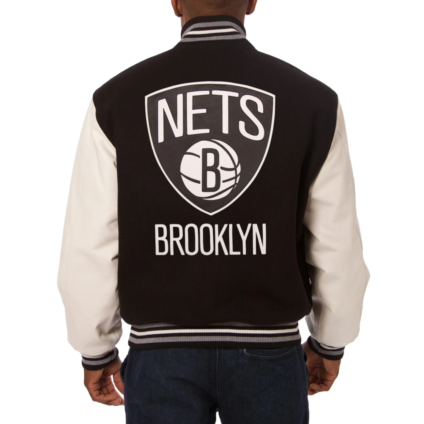 Brooklyn nets domestic two tone wool and leather jacket black white 2