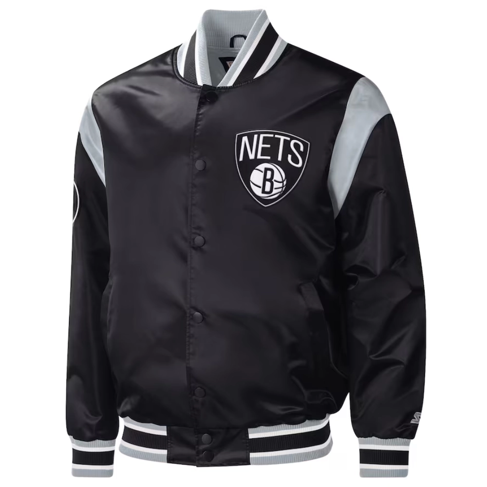Brooklyn nets force play satin varsity jacket black 1