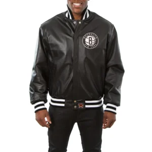 Brooklyn nets genuine leather varsity jacket black 1