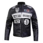 Brooklyn Nets Moto Full-Zip Black Leather Jacket