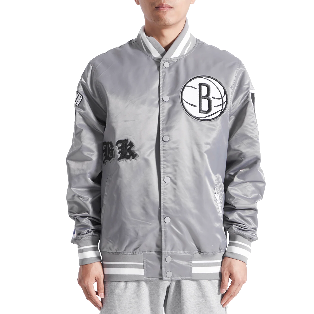 Brooklyn nets old english rib satin varsity jacket gray 1
