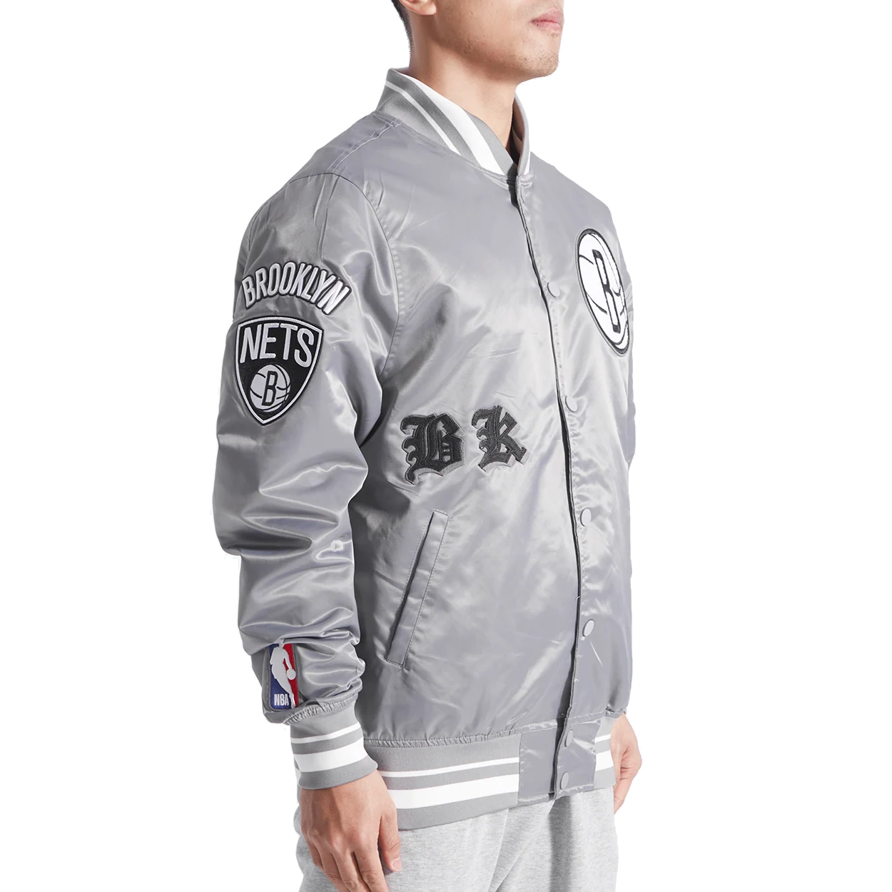 Brooklyn nets old english rib satin varsity jacket gray 3