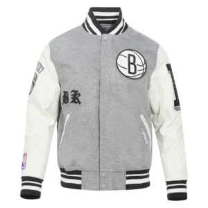 Brooklyn nets old english wool leather varsity jacket gray white 1