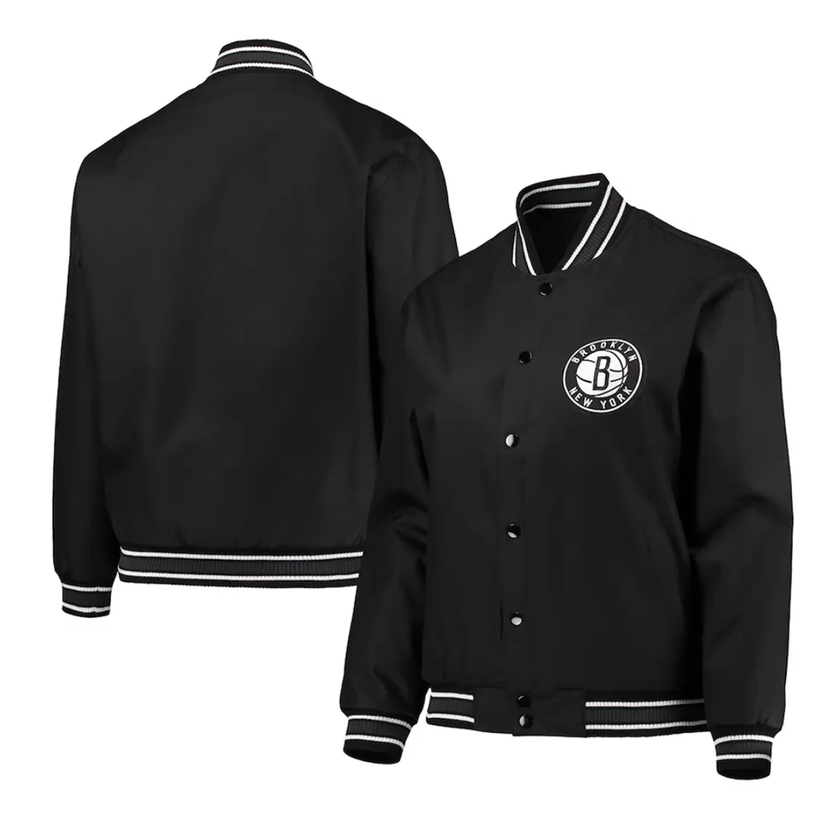 Brooklyn nets one color black satin varsity jacket