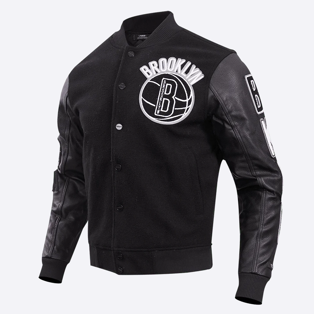 Brooklyn nets pro standard blended logo black varsity jacket 1