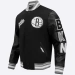 Brooklyn Nets Script Tail Black Wool/Leather Varsity Jacket