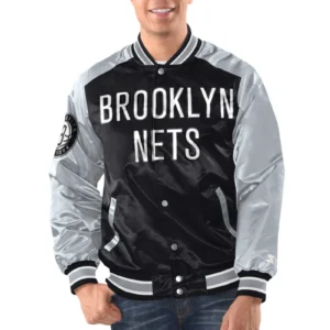 Brooklyn nets renegade satin varsity jacket black silver 1