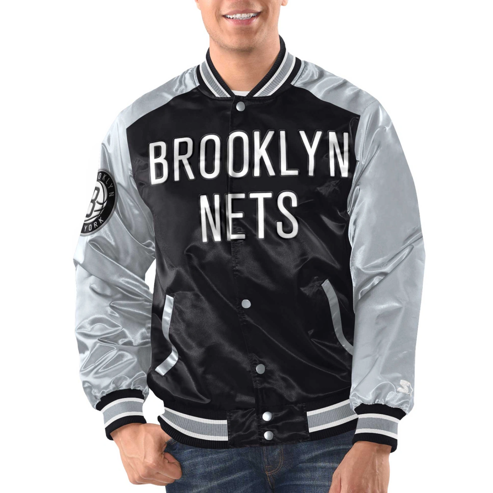 Brooklyn nets renegade satin varsity jacket black silver 1