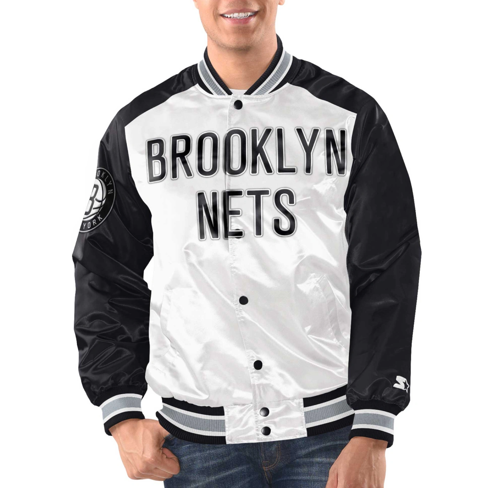 Brooklyn nets renegade satin varsity jacket white black 1