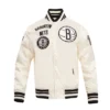 Brooklyn nets retro classic full snap satin varsity jacket cream 1