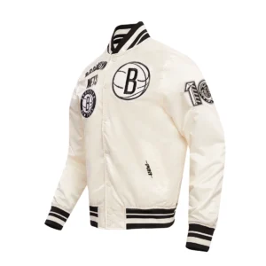 Brooklyn nets retro classic full snap satin varsity jacket cream 2