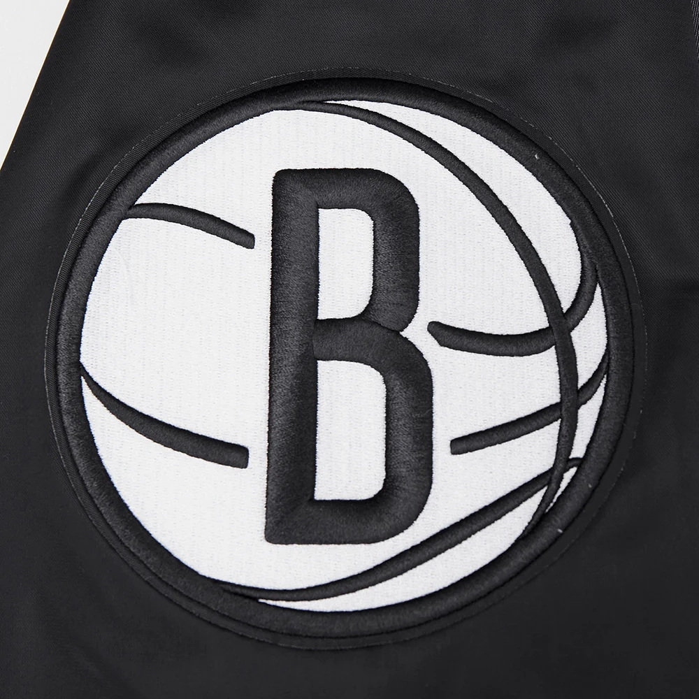 Brooklyn nets script tail full snap satin varsity jacket black 2