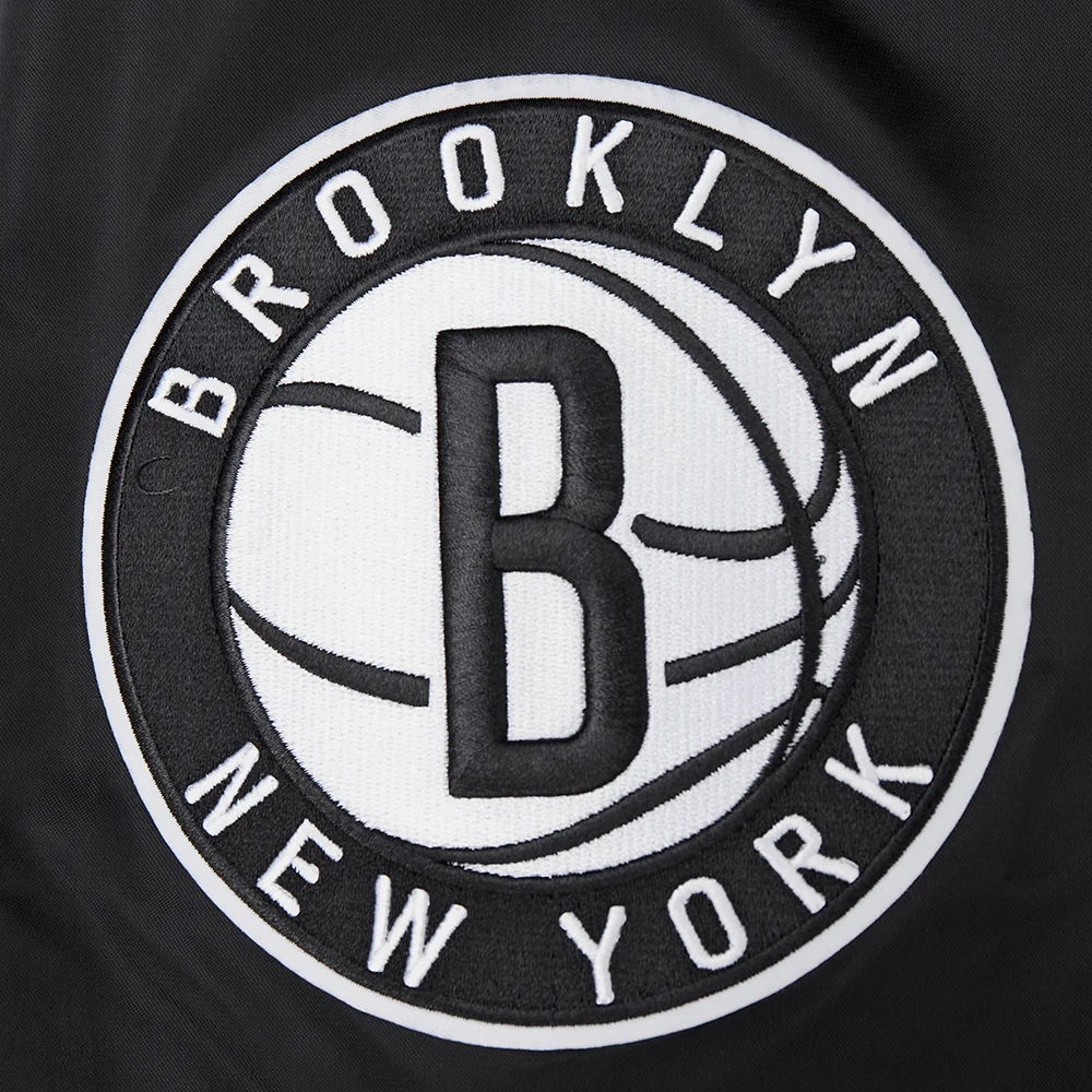 Brooklyn nets script tail full snap satin varsity jacket black 3